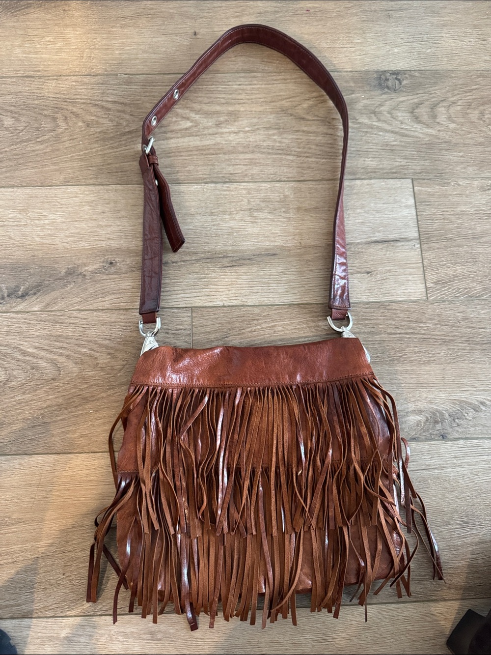 Susan Farber Collections Brown Leather Fringe Crossbody Bag
